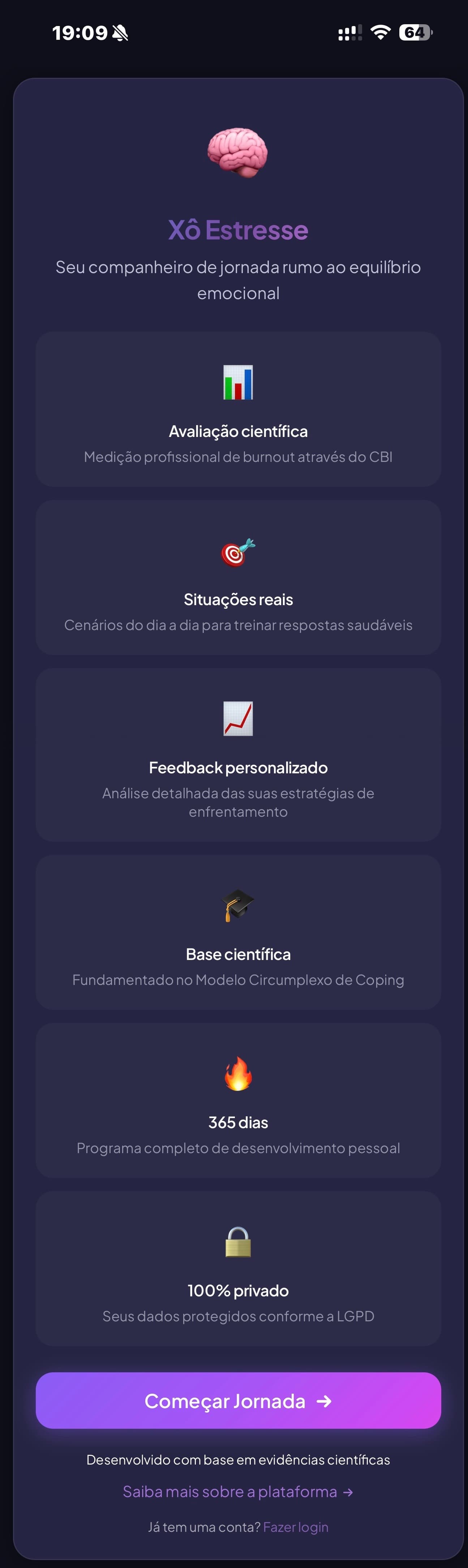 Captura real da jornada Xô Estresse sendo utilizada em um smartphone