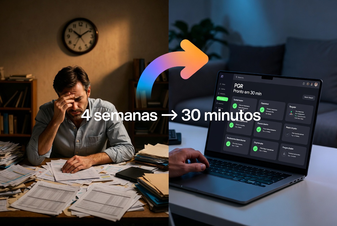Antes: semanas gerando PGR manualmente entre papéis. Depois: PGR pronto em 30 minutos na Plataforma Diligentia.